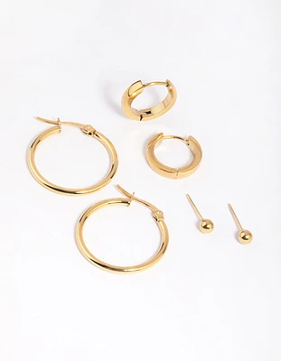 Waterproof Gold Plated Stainless Steel Ball Stud Earring Pack