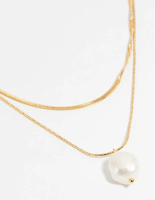 Gold Plated Stainless Steel Snake Chain & Freshwater Pearl Layered Necklace