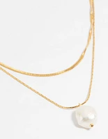 Gold Plated Stainless Steel Snake Chain & Freshwater Pearl Layered Necklace