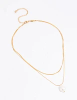 Gold Plated Stainless Steel Snake Chain & Freshwater Pearl Layered Necklace