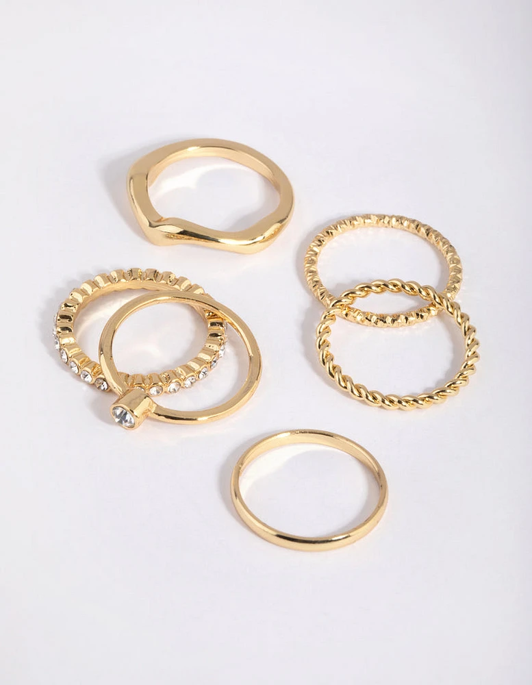 Gold Plated Molten Diamante Ring 6-Pack