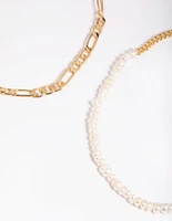 Gold Plated Figaro & Freshwater Pearl Anklet Set