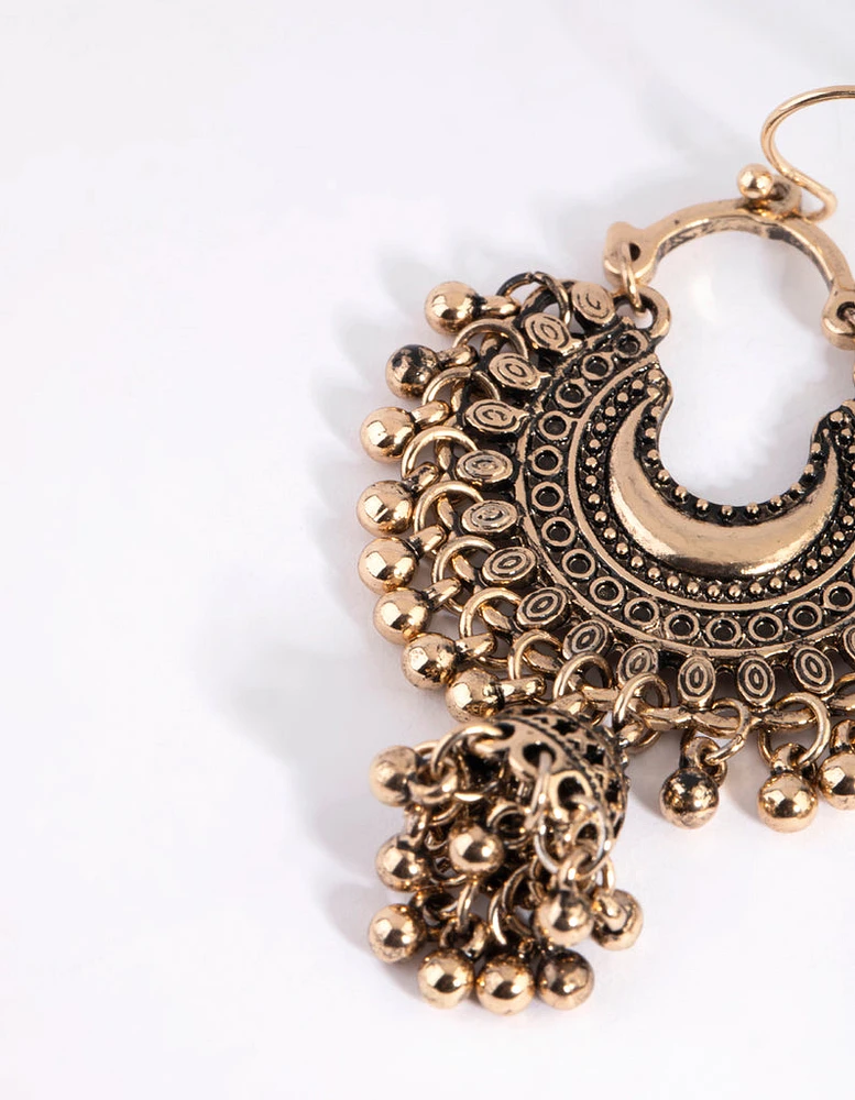 Antique Yellow Gold Toned Beaded Drop Jhumka Earrings