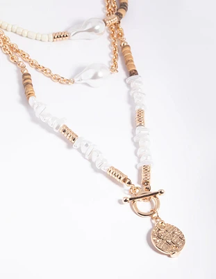 Gold Pearl Fob Layered Necklace