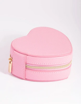 Pink Faux Leather Heart Travel Jewellery Box