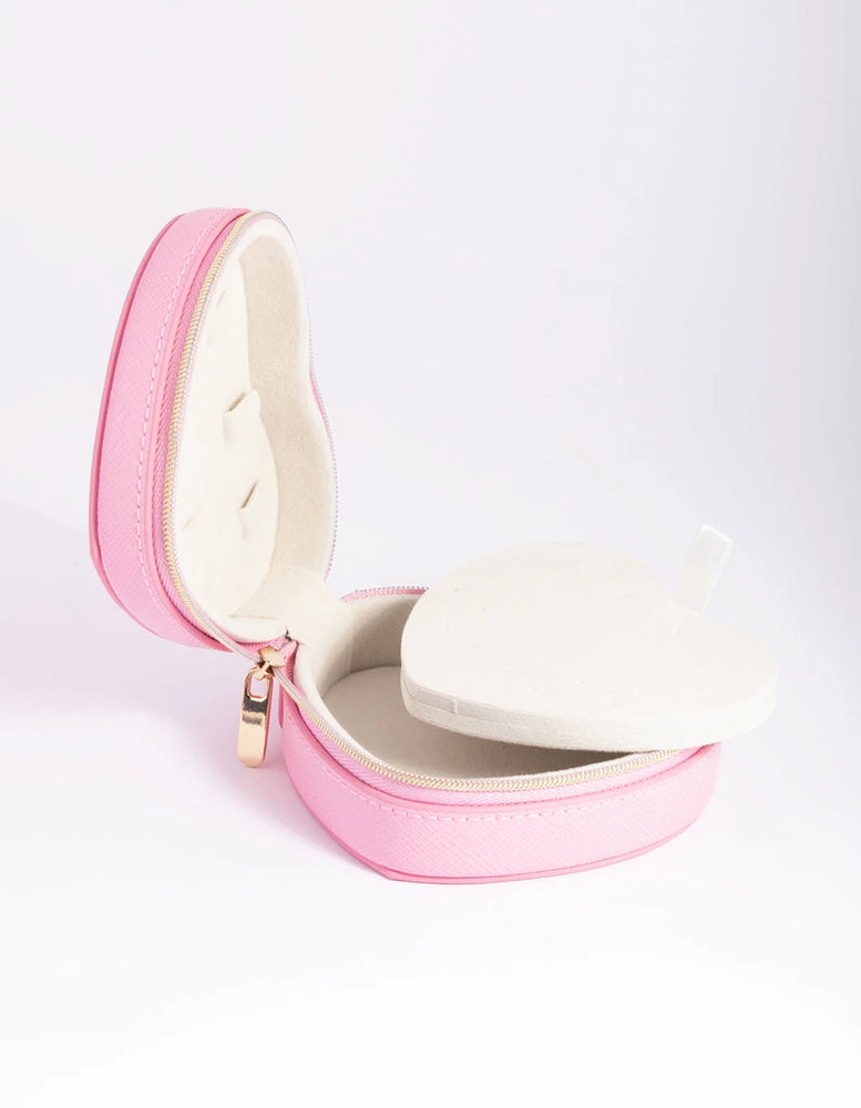 Pink Faux Leather Heart Travel Jewellery Box