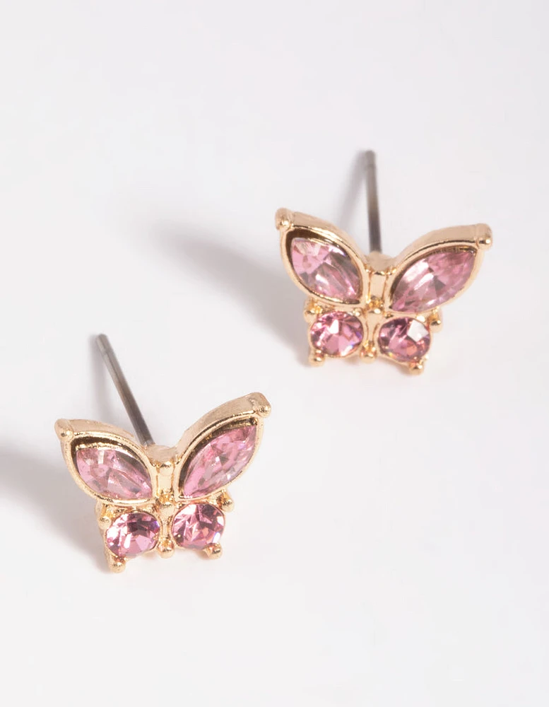 Pink Diamante Butterfly Stud Earrings