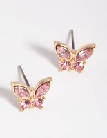 Pink Diamante Butterfly Stud Earrings