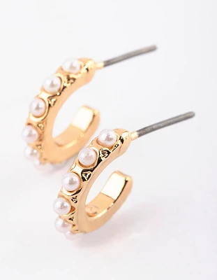 Gold Pearl Huggie Hoop Earrings