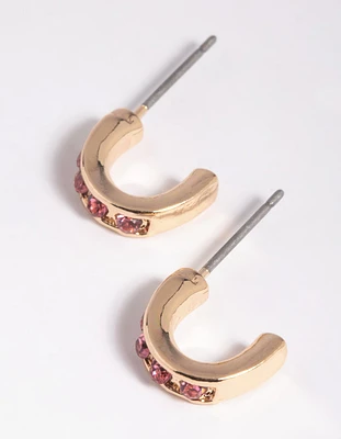 Pink Stone Huggie Hoop Earrings