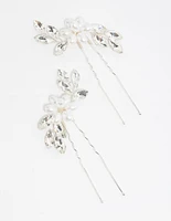 Silver Pearl Flower Diamante Pin Pack