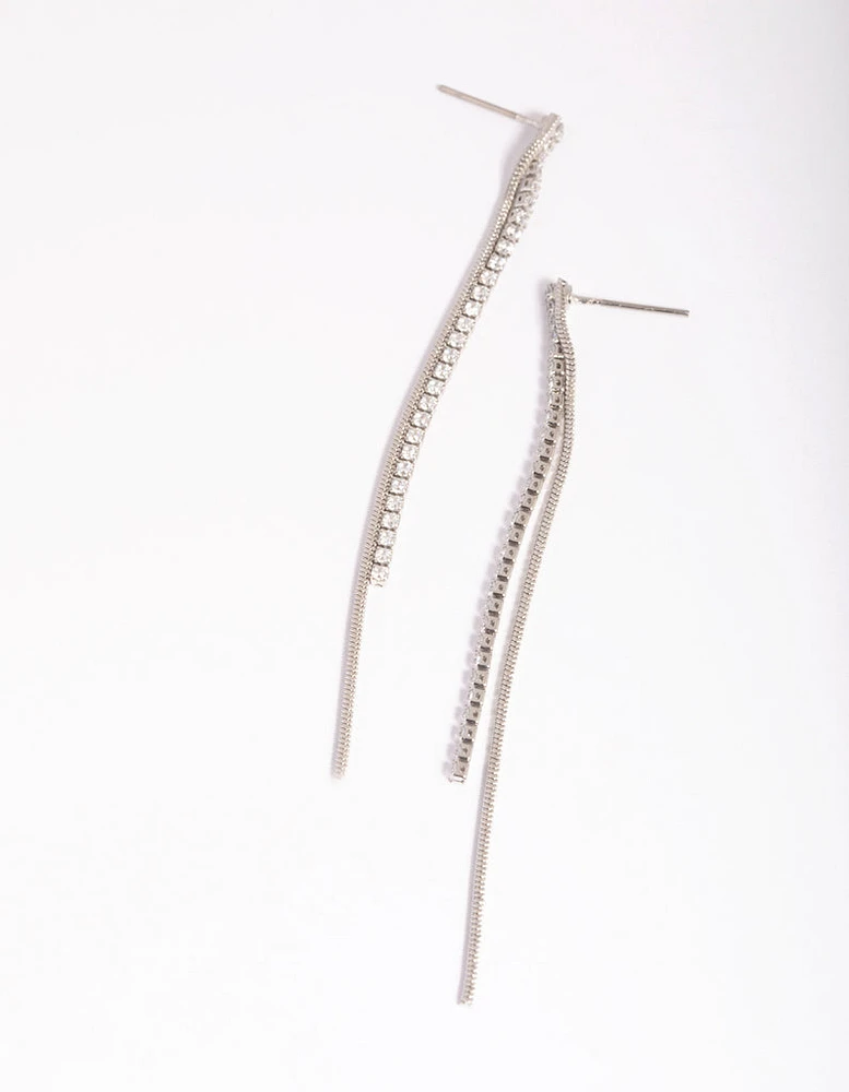 Rhodium Cubic Zirconia Chain Drop Earrings