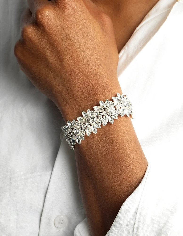 Silver Diamante Flower Stretch Bracelet