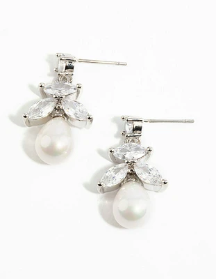 Silver Cubic Zirconia Leaf & Pearl Drop Earrings