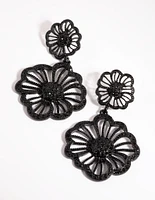 Matte Black Diamante Flower Drop Earrings