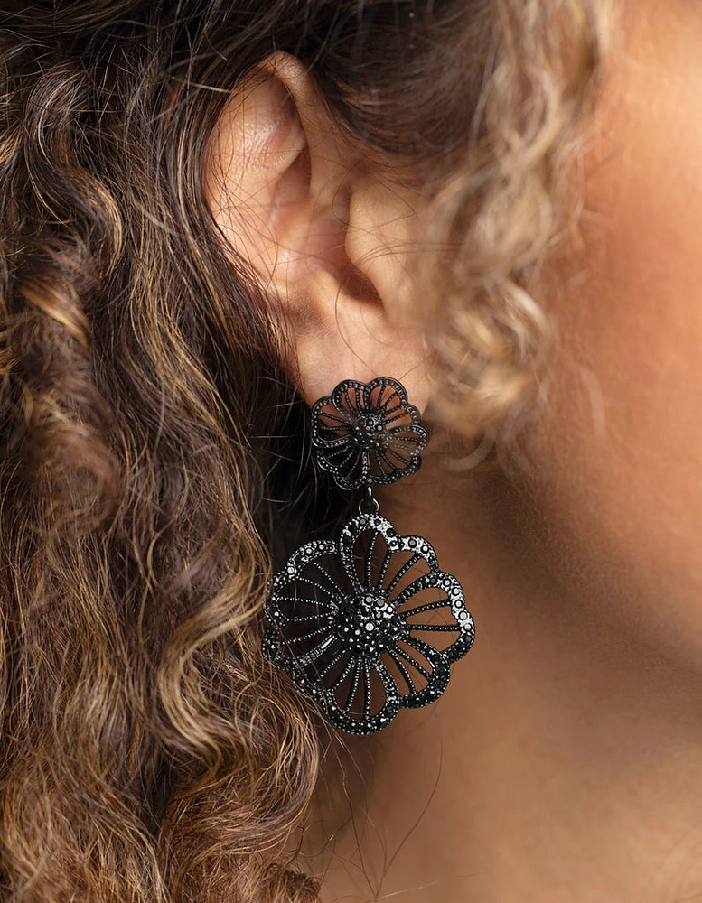 Matte Black Diamante Flower Drop Earrings