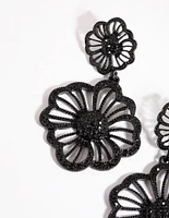 Matte Black Diamante Flower Drop Earrings