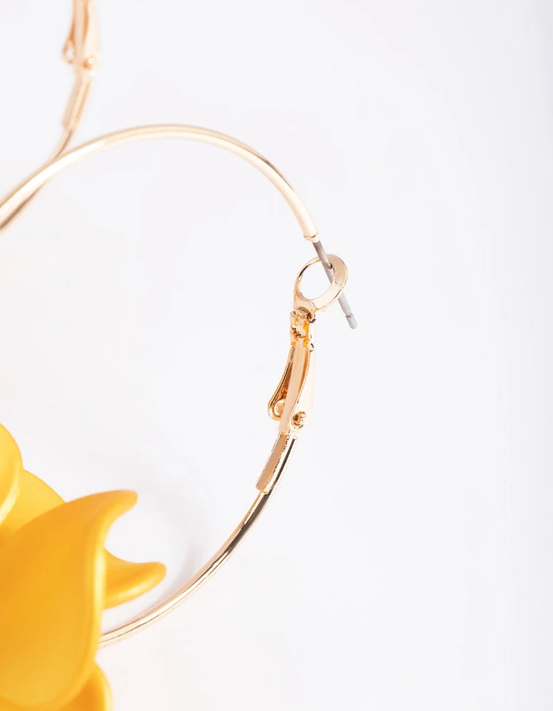 Matte Yellow Flower Hoop Earrings