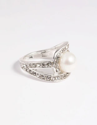 Silver Classic Pearl & Diamante Cocktail Ring