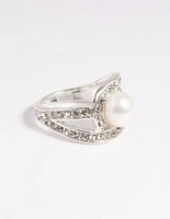 Silver Classic Pearl & Diamante Cocktail Ring