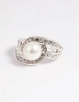 Silver Classic Pearl & Diamante Cocktail Ring