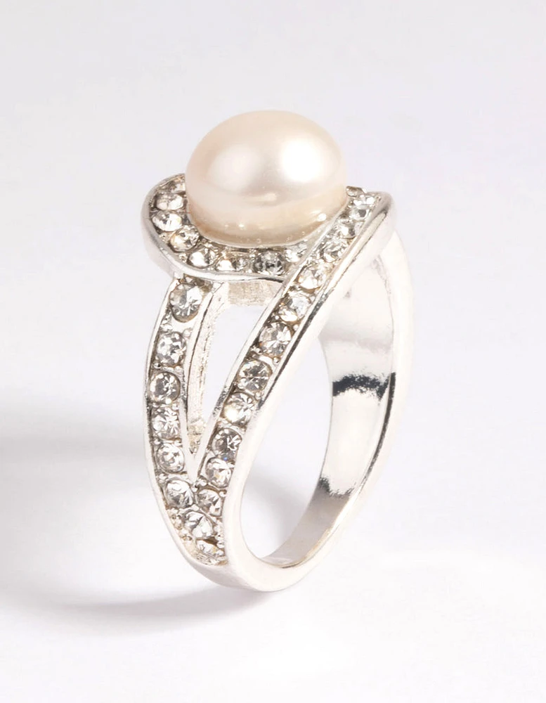 Silver Classic Pearl & Diamante Cocktail Ring