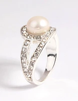 Silver Classic Pearl & Diamante Cocktail Ring