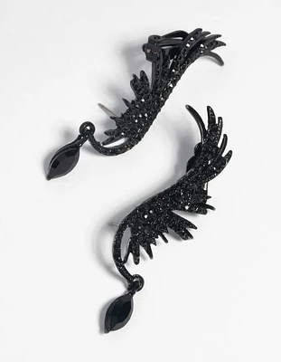 Matte Black Diamante Wing Cuff Earrings