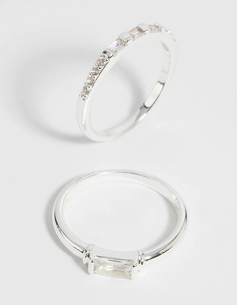 Silver Plated Emerald Cut Cubic Zirconia Ring Set