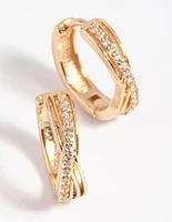 Gold Cubic Zirconia Twisted Huggie Hoop Earrings