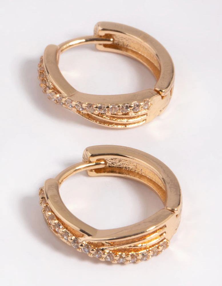 Gold Cubic Zirconia Twisted Huggie Hoop Earrings