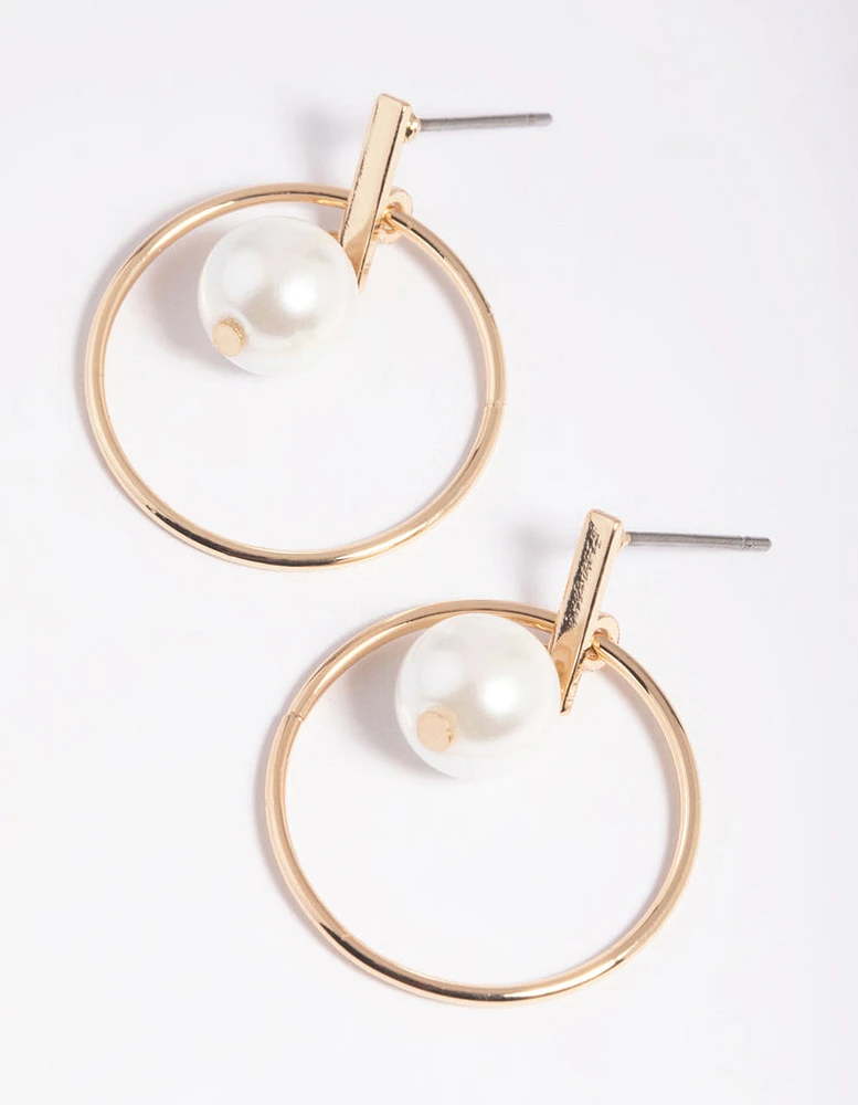 Gold Circle Pearl Drop Earrings