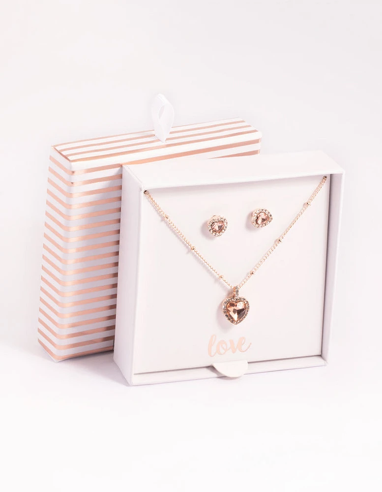 Rose Gold Heart Diamante Halo Necklace & Earrings Set