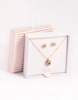 Rose Gold Heart Diamante Halo Necklace & Earrings Set