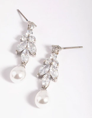Rhodium Diamond Simulant Marquise Pearl Drop Earrings