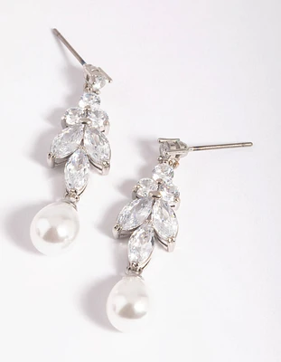 Silver Diamond Simulant Marquise Pearl Drop Earrings