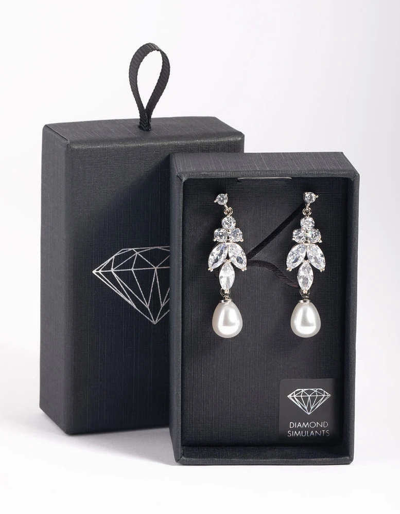 Rhodium Diamond Simulant Marquise Pearl Drop Earrings