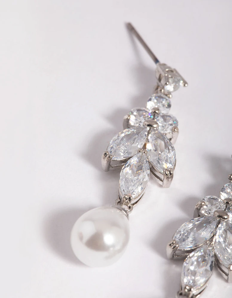 Rhodium Diamond Simulant Marquise Pearl Drop Earrings