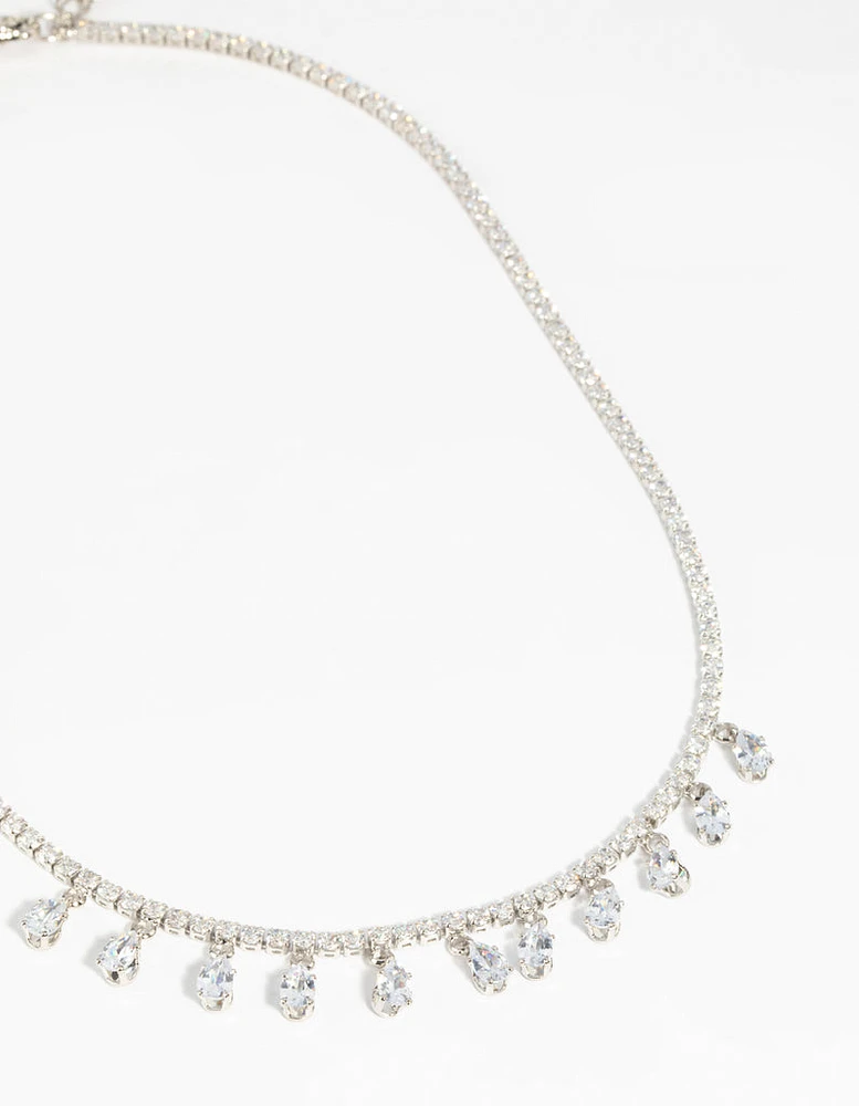 Rhodium Diamond Simulant Teardrop Necklace