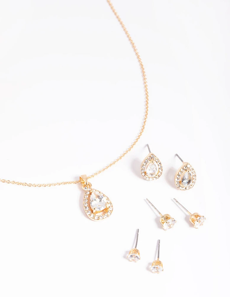 Gold Diamond Simulant Diamante & Pearl Necklace & Earrings Set