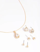 Gold Diamond Simulant Diamante & Pearl Necklace & Earrings Set