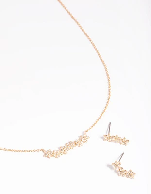 Gold Diamond Simulant Flower Necklace & Earrings Set