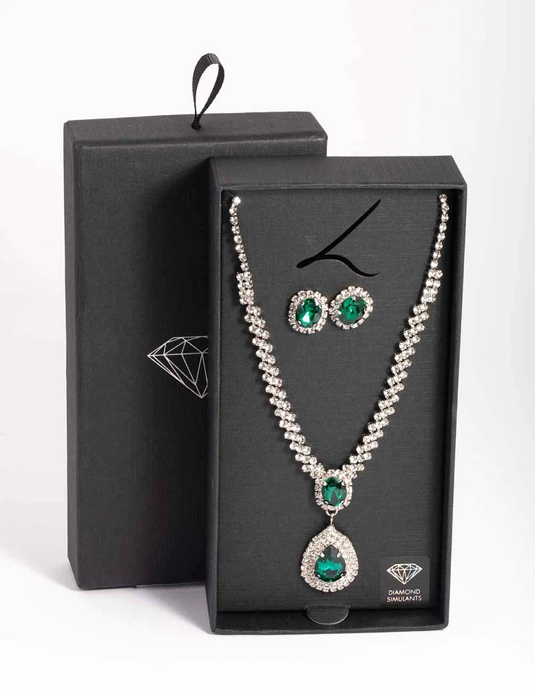 Rhodium Diamond Simulant Emerald Necklace & Earrings Set