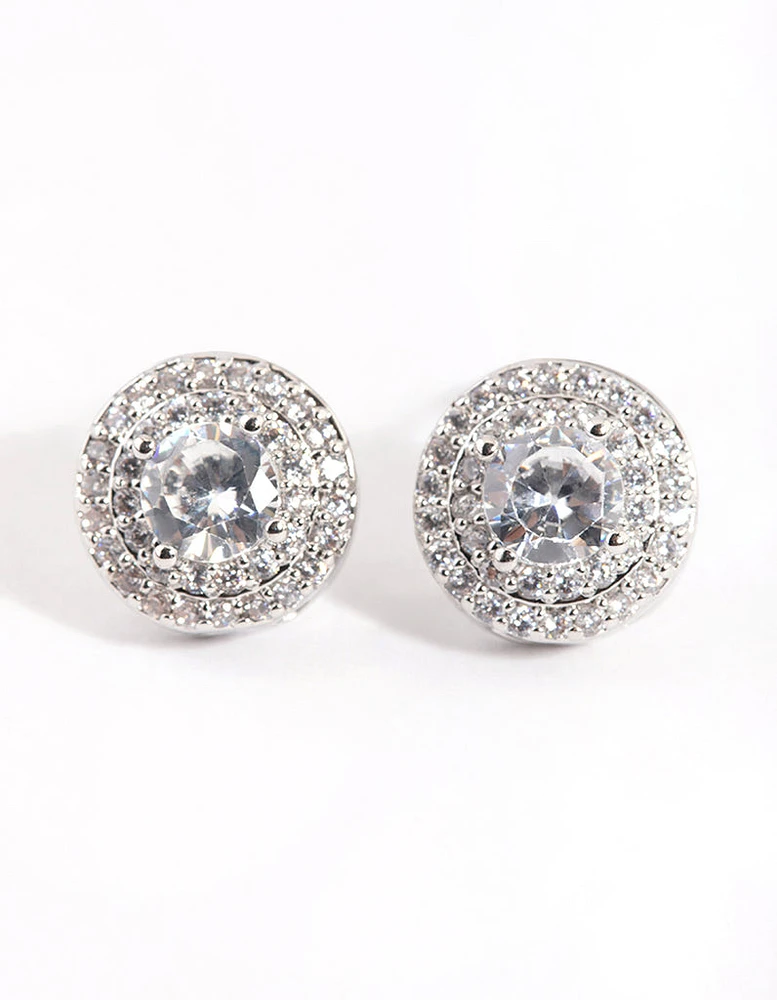 Silver Cubic Zirconia Round Halo Stud Earrings