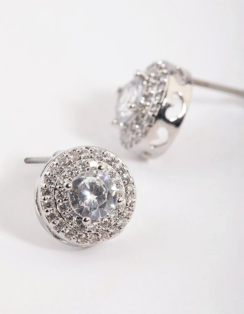 Silver Cubic Zirconia Round Halo Stud Earrings