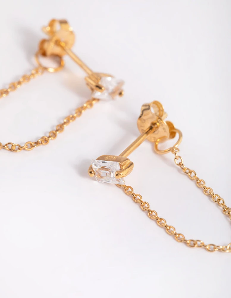 Gold Plated Sterling Silver Cubic Zirconia Chain Stud Earrings