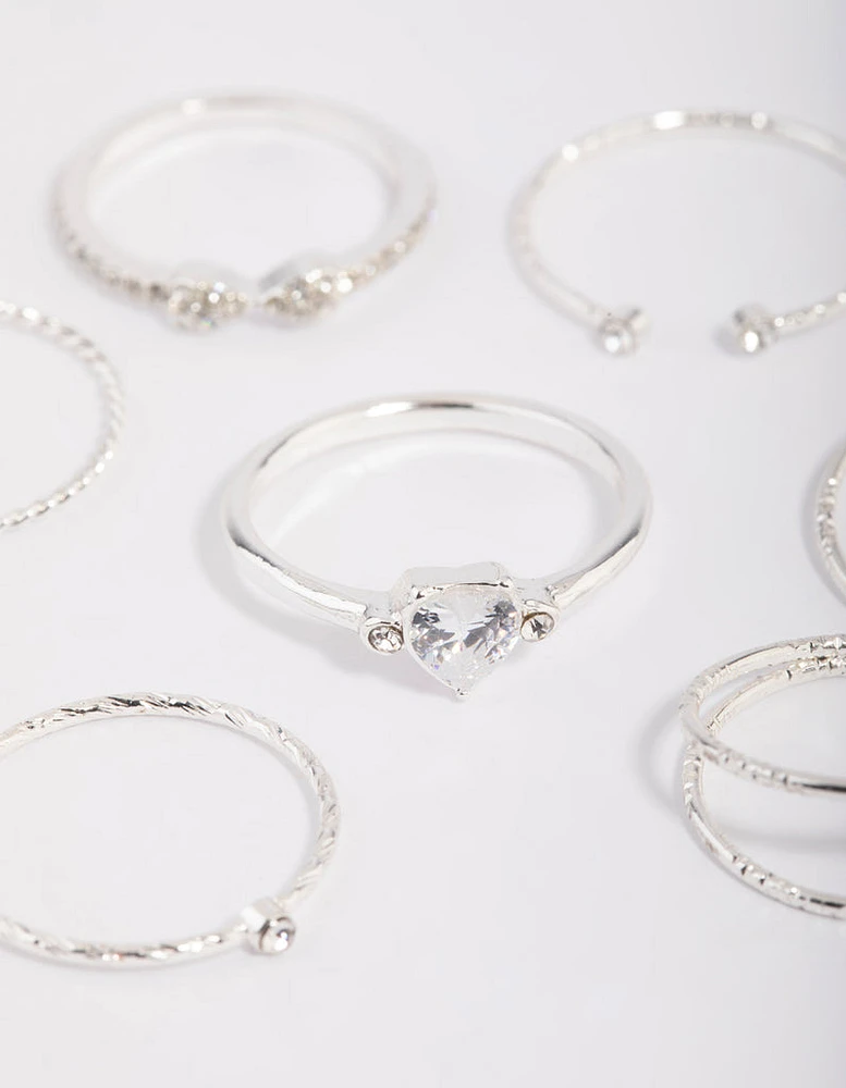 Silver Dainty Diamante & Pearl Ring Pack