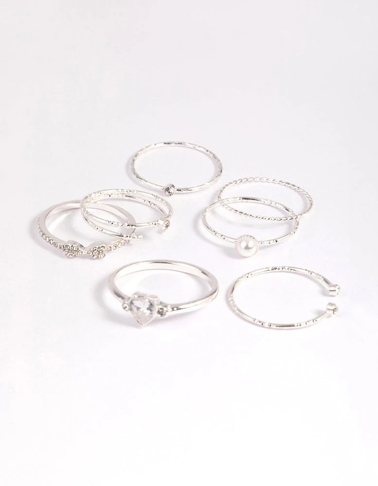 Silver Dainty Diamante & Pearl Ring Pack