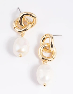 Gold Plated Double Link Freshwater Pearl Earrings