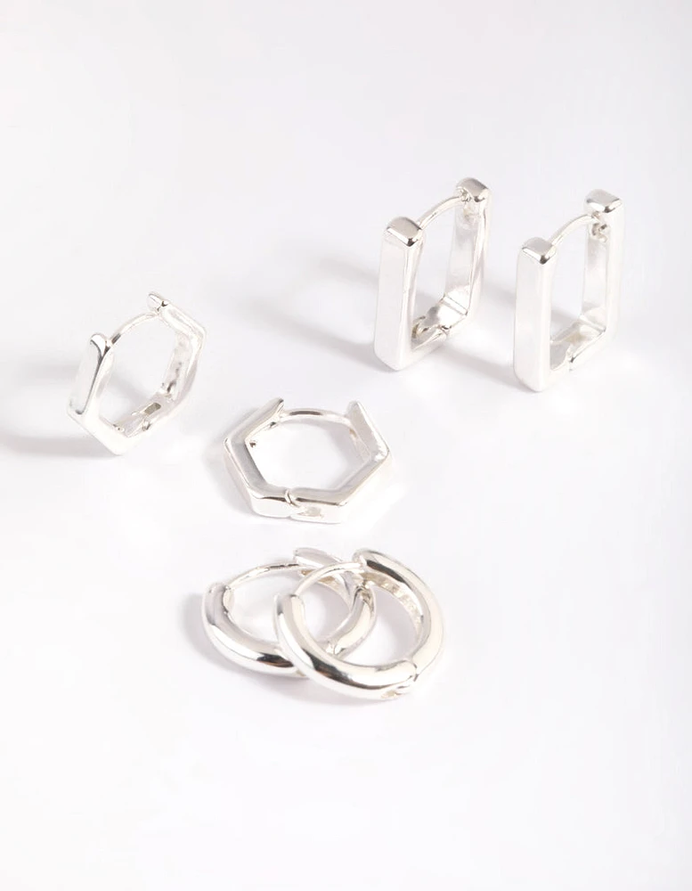 Silver Plated Hexagon Earring Stack 6-Pack